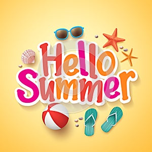 Hello Summer Text Title Poster Design with Realistic 3D Vector Elements