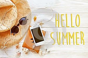 Hello summer text, travel vacation concept flat lay, space for t