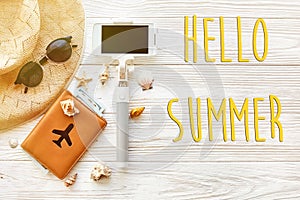 Hello summer text, travel vacation concept flat lay, space for t