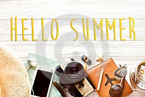 Hello summer text, travel wanderlust concept, space for text, fl photo