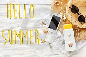 Hello summer text, vacation concept, flat lay, space for text. p