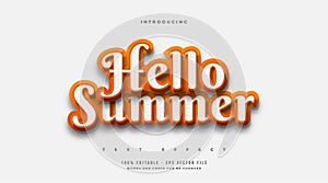 Hello Summer Text in White and Orange with Embossed Effect Isolated on White Background. Editable Text Style Effect