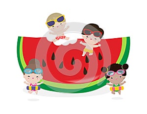 Hello summer time banner template, group of Cute little kids with watermelon and jumping, happy in hot sunny day vacation flat