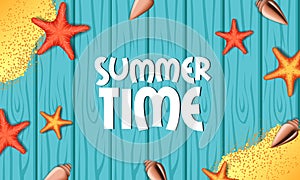 Hello Summer time holiday travel sand from top view with table wood background