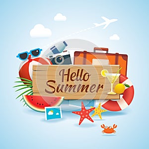 Hello summer time travel season banner design and colorful beach