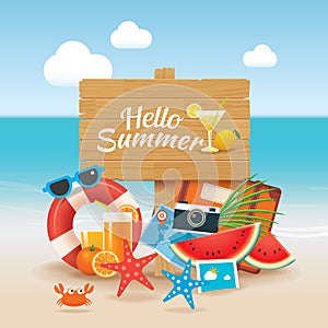 Hello summer time travel season banner design and colorful beach