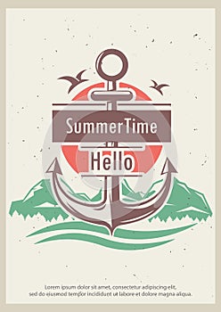 Hello summer time vector retro poster design template