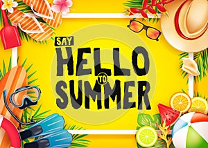 Hello Summer Top View Realistic Vector Banner in Yellow Background with Frame and Tropical Elements Like Scuba Diving Equipment