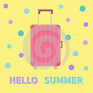 Hello summer. Travel bag suitcase baggage Pink luggage handbag wheel handle. Summer vacation planning. Travelling tourism.