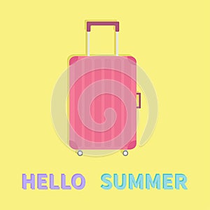 Hello summer. Travel bag suitcase baggage. Pink luggage handbag wheel and handle. Summer vacation planning. Travelling tourism. P