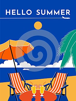 Hello Summer travel poster. Vector flat illustration