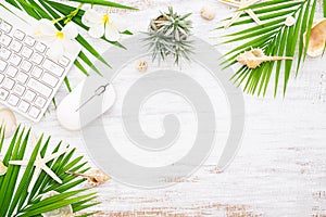 Hello summer travel vacation concept flat lay poster background concept. Hello Summer text on white wood background, wireless