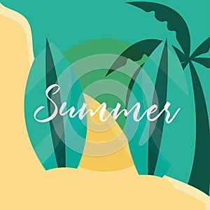 Hello summer travel and vacation season, surfboards beach palm tree sand, lettering text