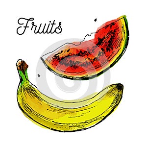 Hello summer. The trend calligraphy. Vector illustration of banana and watermelon on a white background with a smear of yellow ink