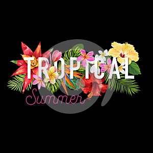 Hello Summer Tropic Design. Tropical HibisÑus Flowers Background for Poster, Sale Banner, Placard, Flyer