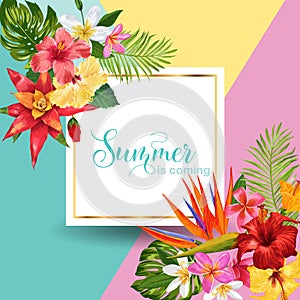 Hello Summer Tropic Design. Tropical Hibiskus Flowers Background for Poster, Sale Banner, Placard, Flyer. Floral Vintage