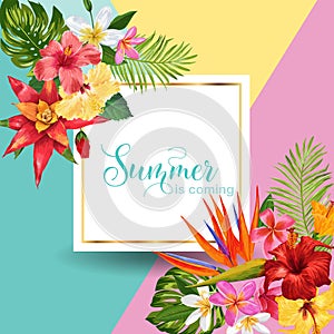 Hello Summer Tropic Design. Tropical Hibiskus Flowers Background for Poster, Sale Banner, Placard, Flyer. Floral Vintage photo