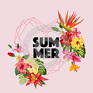 Hello Summer Tropic Design. Tropical Hibiskus Flowers Background for Poster, Sale Banner, Placard, Flyer. Floral Vintage