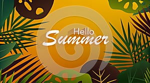 Hello summer. Tropical background with palm leaves and monstera plant leaf. Modern poster in bright colors. Vector illustration