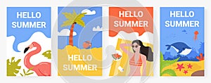 Hello summer, tropical beach vacation concept with palm tree, flamingo, bikini girl set