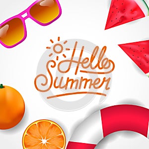 Hello Summer tropical fruit and pink beach sunglasses from top view with white background