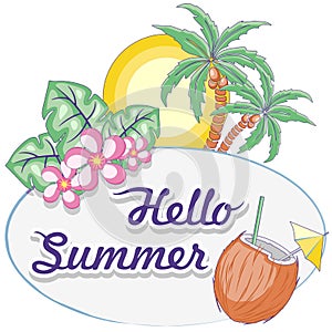 Hello Summer Tropical Oval Framed Label Vector Logo Design Pastel Colors