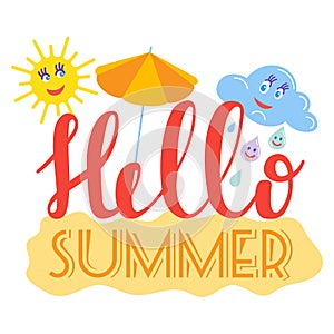 Hello Summer typographic logo sign on withe background. Sea plants, sun, beach sea and travel vector illustration
