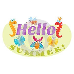 Hello Summer typographic logo sign on withe background. Sea plants, sun, beach sea and travel vector illustration