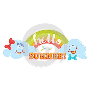 Hello Summer typographic logo sign on withe background. Sea plants, sun, beach sea and travel vector illustration