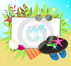 Hello Summer typographic on withe square background. Sea plants, starfish, beach towel, sunglasses, hat, slippers, blue