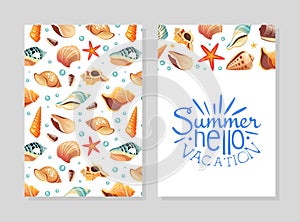 Hello Summer Vacation Card Template with Seashells, Design Element Can Be Used for Menu, Packaging, Flyer, Certificate