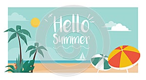 Hello summer vacations postcard with tropical beach