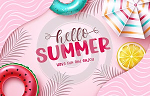 Hello summer vector background design. Hello summer text in pinks decoration with tropical fruit elements and abstract pattern.