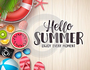 Hello summer vector background. Summer text in wood textured background with colorful beach elements