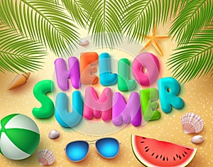 Hello summer vector banner design in beach sand background