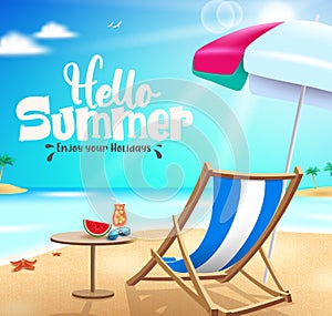 Hello summer vector banner design. Hello summer enjoy your holidays text in beach background with elements like chair and umbrella