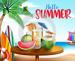 Hello summer vector banner design. Hello summer text in beach background with colorful tropical elements like drinks and fruits.