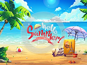 Hello summer vector beach and cruise liner