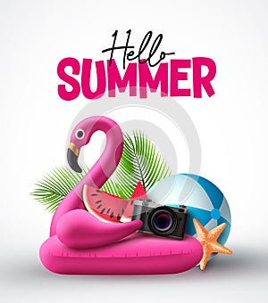 Hello summer vector concept design. Flamingo pink floater and summer beach elements