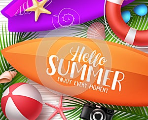 Hello summer vector design concept. Surfboard with Hello summer text and colorful beach elements