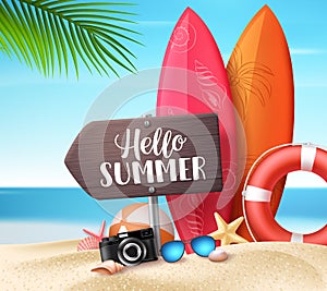 Hello summer vector design concept. Wooden sign board with hello summer text and beach elements