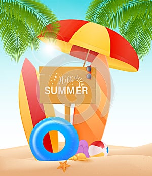 Hello summer vector design concept. Wooden sign board with hello summer text and beach elements like colorful surf board