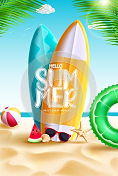 Hello summer vector design. Hello summer text in surfing board element with beach background.