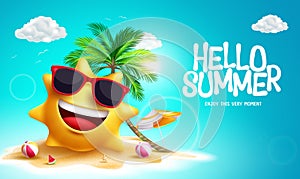 Hello summer vector design. Summer text with sun character smiling in beach sand island.
