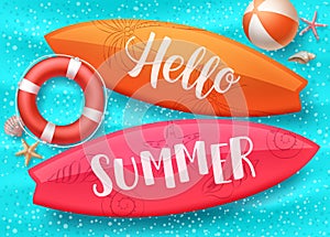 Hello summer vector design with surfboard floating in blue water pool and colorful beach elements