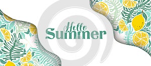 Hello Summer vector illustration with abstract plants, exotic flowers and lemons pattern isolated on white background. Design for