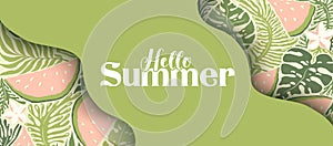 Hello Summer vector illustration with abstract tropical pattern isolated on green background. Design for card, poster, website,