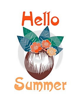 Hello summer vector illustration with coconut logo