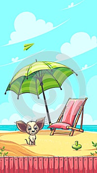 Hello Summer vector illustration with doggie on sand