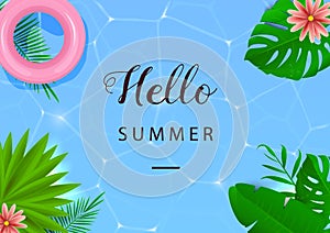 Hello summer. Vector illustration. Top view. Swimming pool. Tropical leaves.